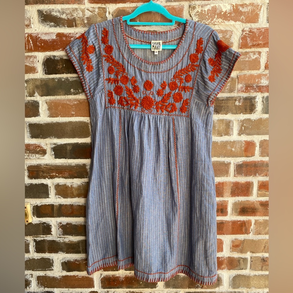 Sisters May Blue Striped Embroidered Cotton Dress with Rust Floral Accents